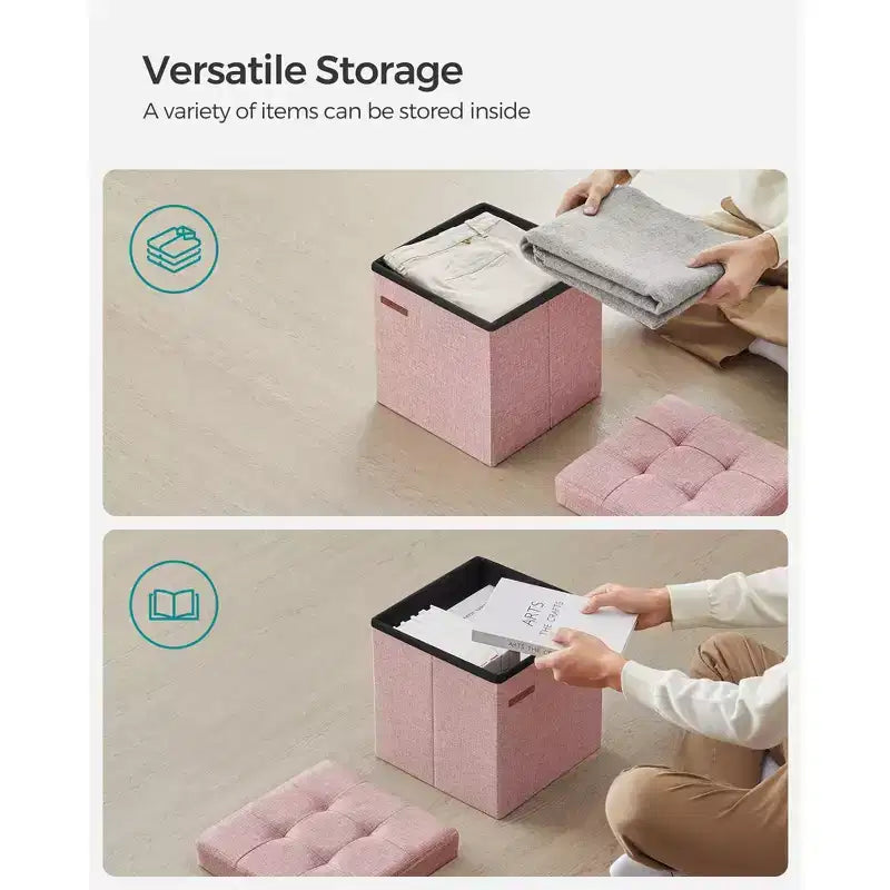 Pouf Contenitore Pieghevole Cubo, Tessuto effetto lino, Cubo da 30 cm, Capacità 130 kg, 23 Litri