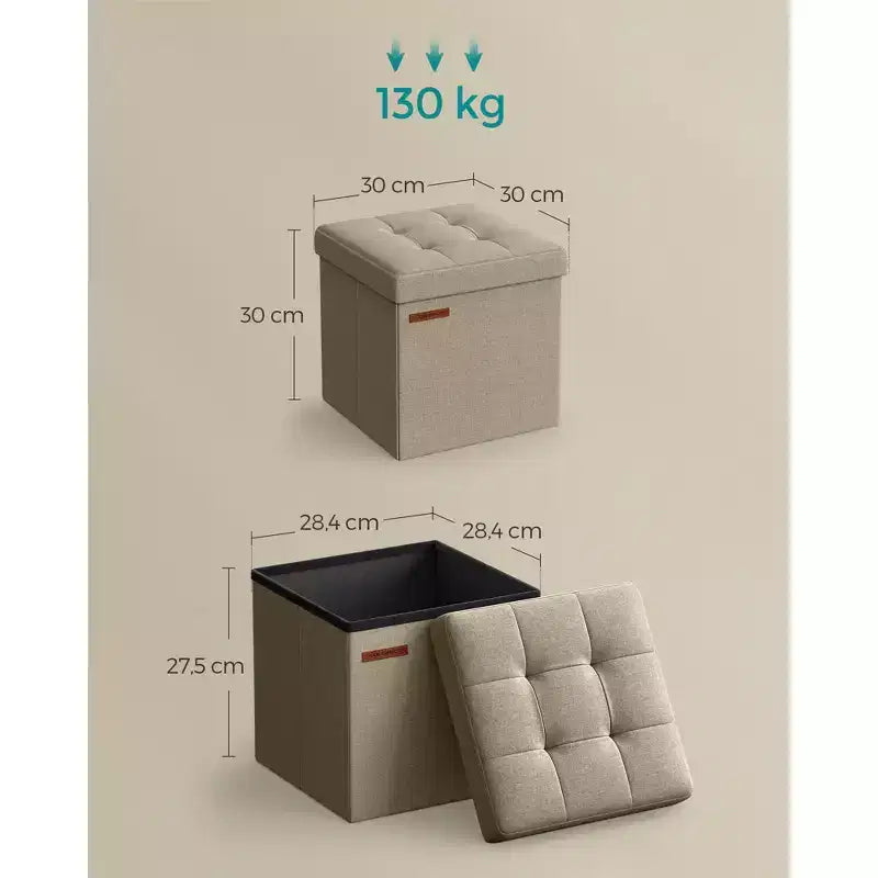 Pouf Contenitore Pieghevole Cubo, Tessuto effetto lino, Cubo da 30 cm, Capacità 130 kg, 23 Litri