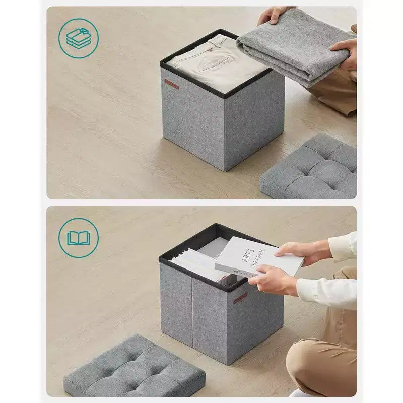 Pouf Contenitore Pieghevole Cubo, Tessuto effetto lino, Cubo da 30 cm, Capacità 130 kg, 23 Litri