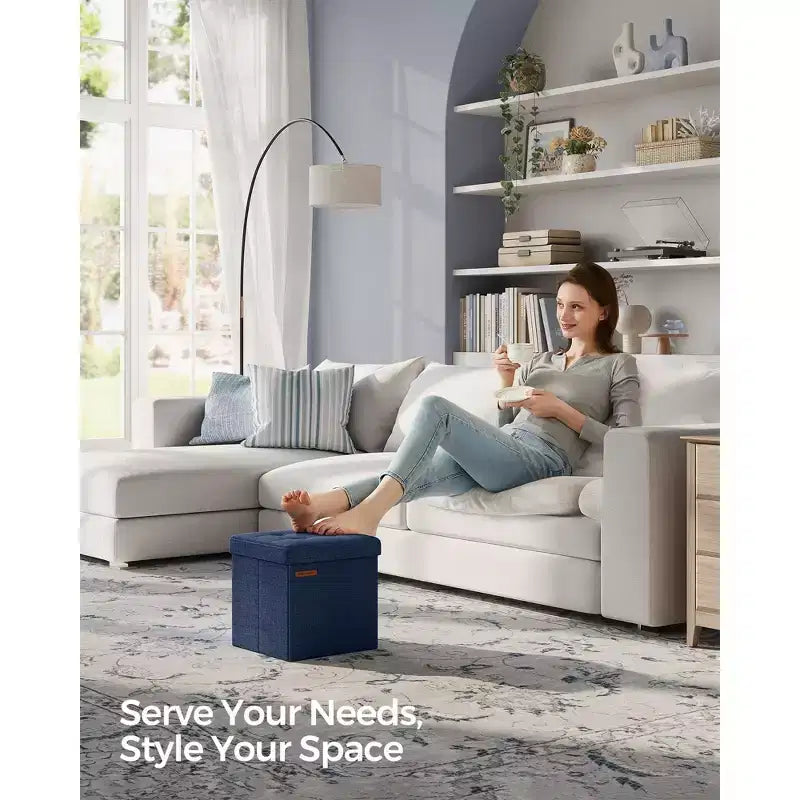 Pouf Contenitore Pieghevole Cubo, Tessuto effetto lino, Cubo da 30 cm, Capacità 130 kg, 23 Litri