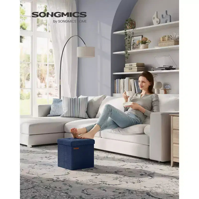 Pouf Contenitore Pieghevole Cubo, Tessuto effetto lino, Cubo da 30 cm, Capacità 130 kg, 23 Litri