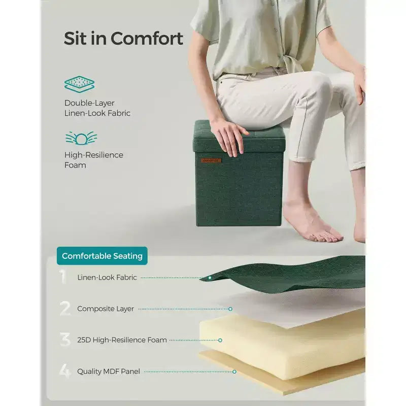 Pouf Contenitore Pieghevole Cubo, Tessuto effetto lino, Cubo da 30 cm, Capacità 130 kg, 23 Litri