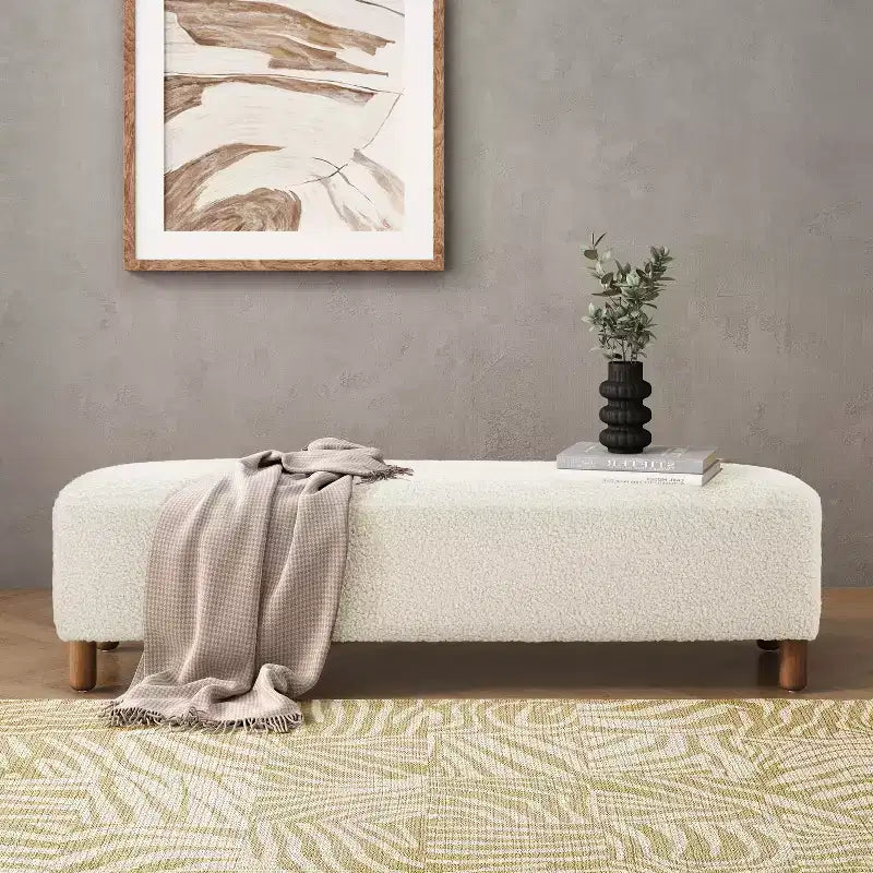 Panca poggiapiedi imbottita con struttura in legno, larghezza 152 cm, cuscino in schiuma, capacità 113 kg