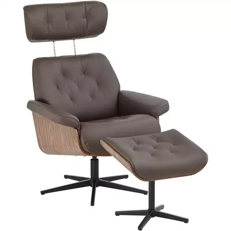 Poltrona reclinabile girevole in ecopelle trapuntata color cioccolato con pouf obliquo
