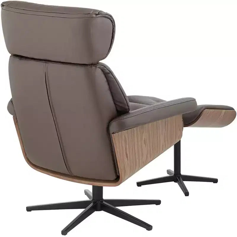 Poltrona reclinabile girevole in ecopelle trapuntata color cioccolato con pouf obliquo