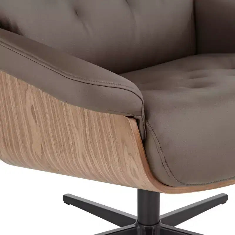 Poltrona reclinabile girevole in ecopelle trapuntata color cioccolato con pouf obliquo