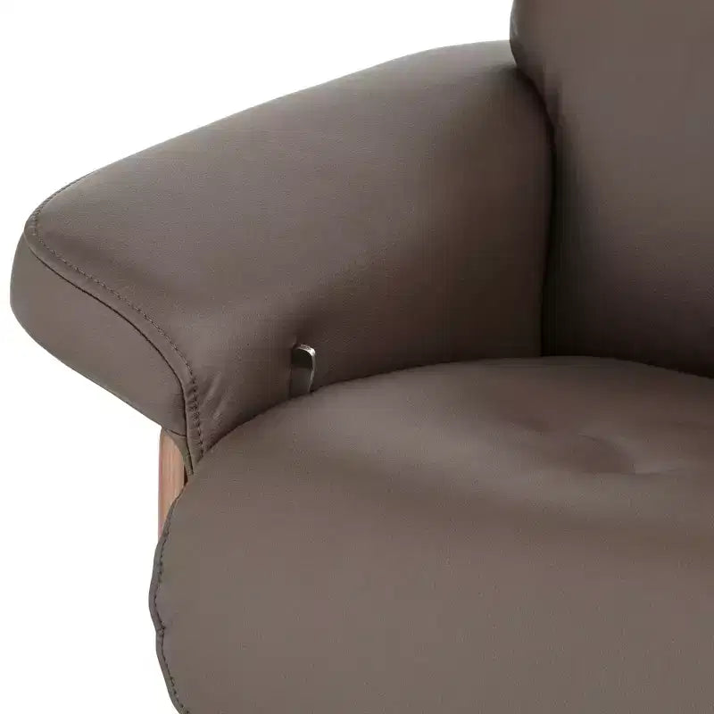 Poltrona reclinabile girevole in ecopelle trapuntata color cioccolato con pouf obliquo