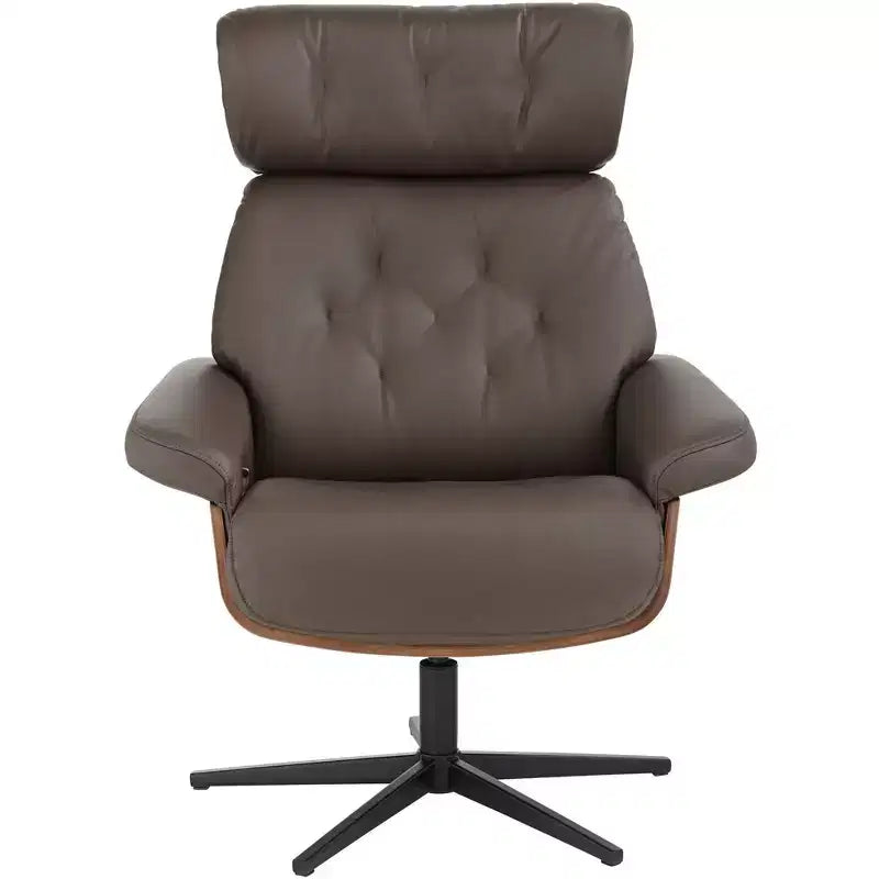 Poltrona reclinabile girevole in ecopelle trapuntata color cioccolato con pouf obliquo