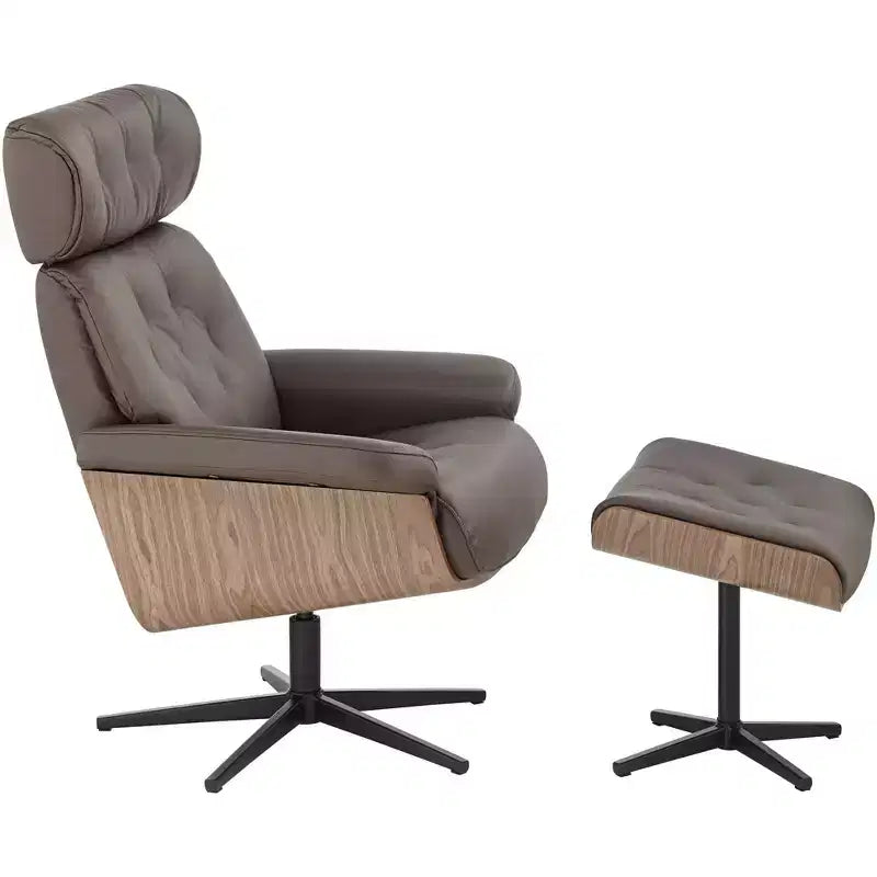 Poltrona reclinabile girevole in ecopelle trapuntata color cioccolato con pouf obliquo
