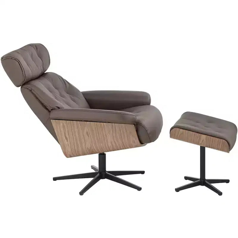 Poltrona reclinabile girevole in ecopelle trapuntata color cioccolato con pouf obliquo